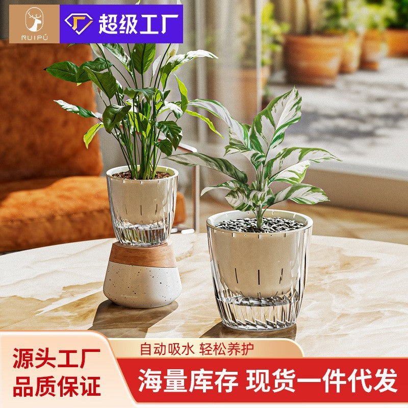 Office transparent lazy flower pot small self-priming water green dill orchid special indoor desktop small thickened flower pot