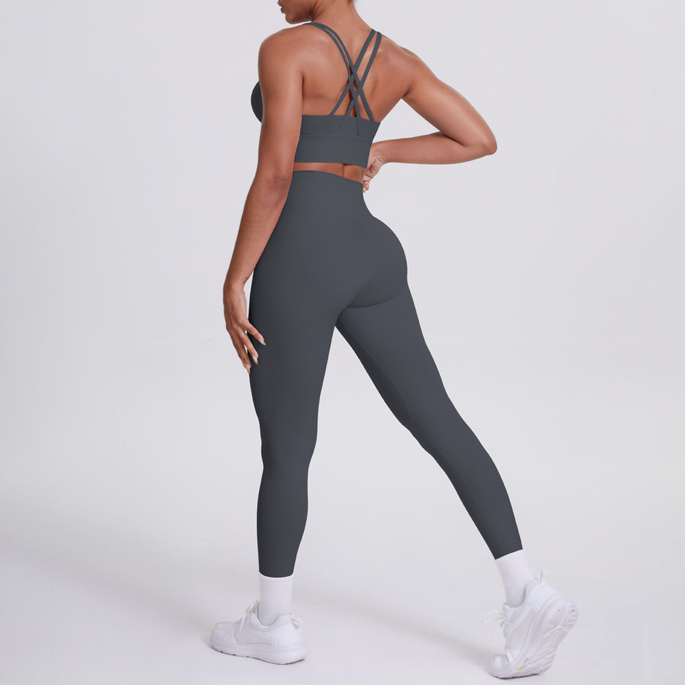 Fashion cross-border nude brushed cross back bra casual sports hip lifting pants fitness yoga clothes two-piece set