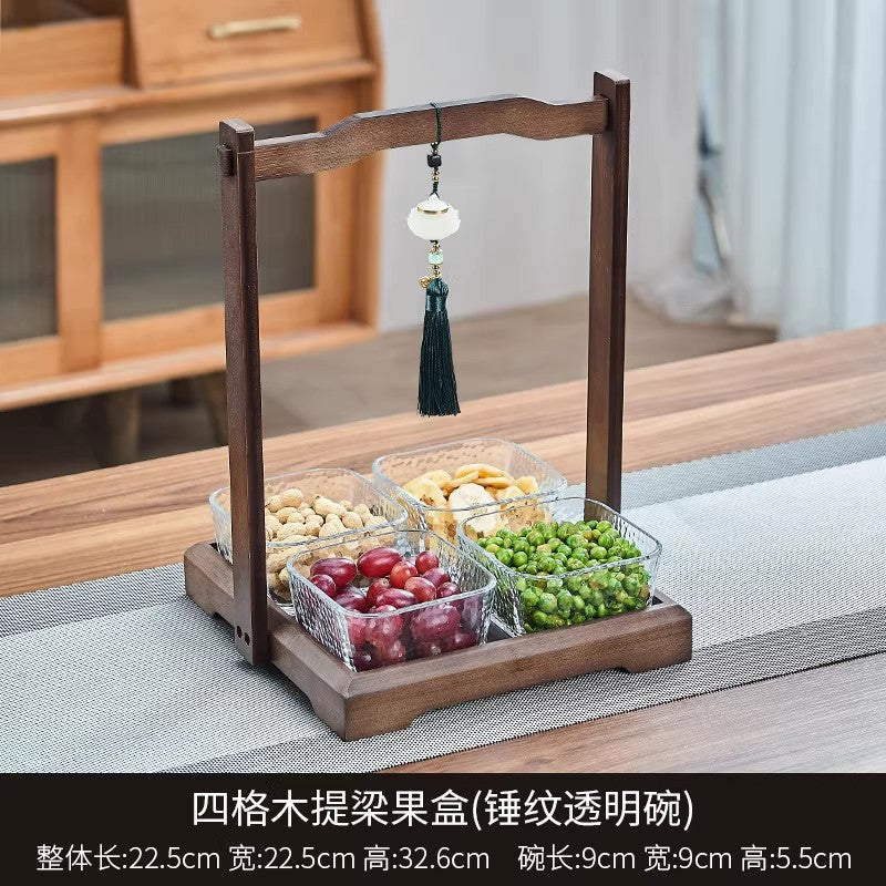 Chinoiserie walnut color dried fruit plate for home divided grids four-square grid lifting beam wedding new home glass bowl fruit plate fruit plate
