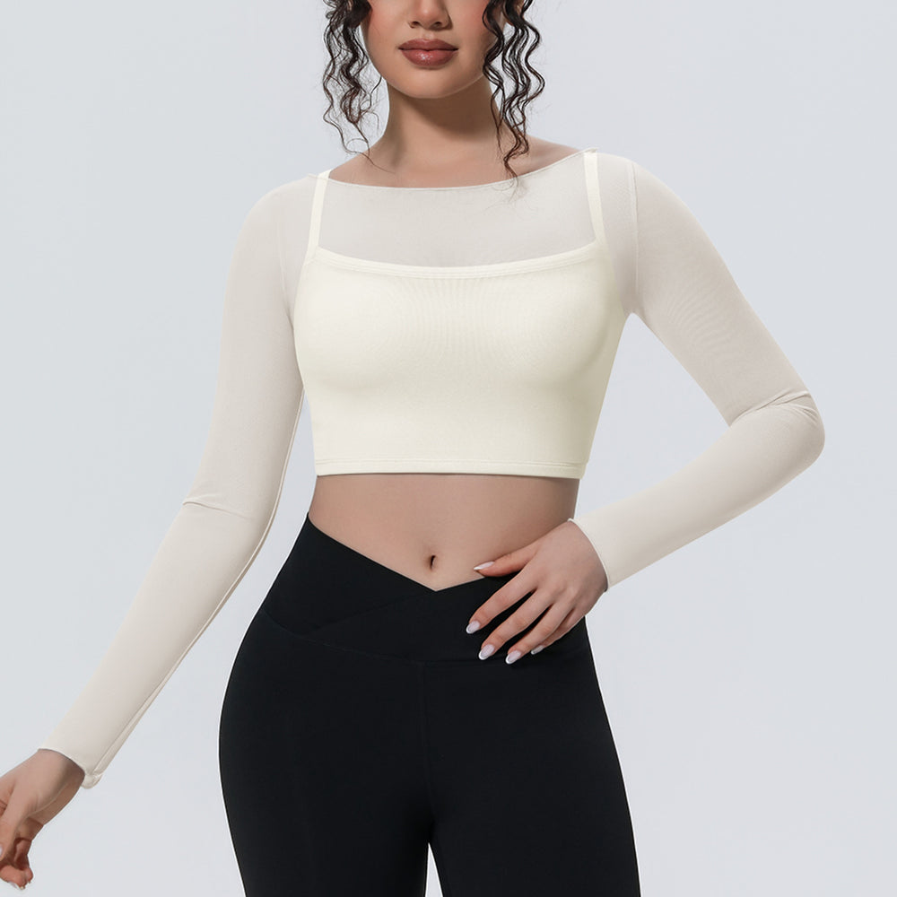 New arrival: solid color mesh double-layer breathable faux two-piece long sleeve casual activewear top for running, fitness, and yoga