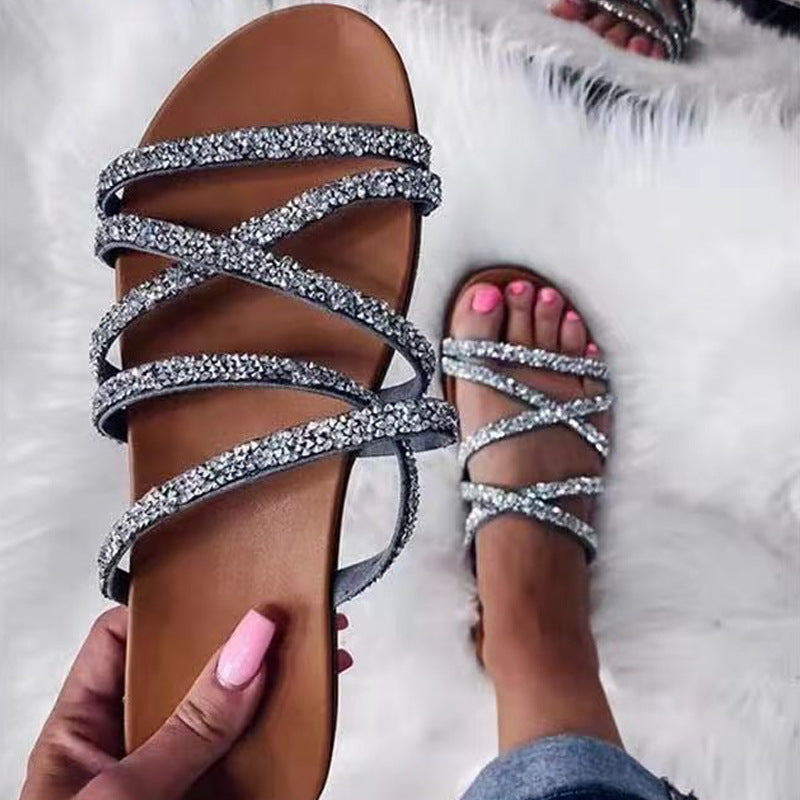 Summer women's european and american style open-toe round toe flat sandals with rhinestones - plus size women's shoes, breathable and lightweight for beach and outdoor wear