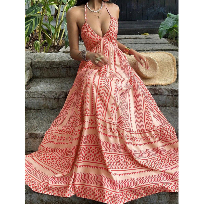 Amazon  summer new arrival: printed beach vacation style v-neck halter backless tie-up dress for women