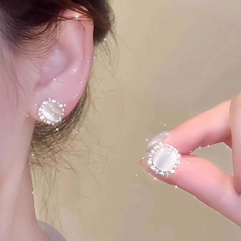 Mini sugar cube cat's eye pearl stud earrings - women's luxury, high-end, exquisite micro-paved zircon earrings - elegant ear jewelry