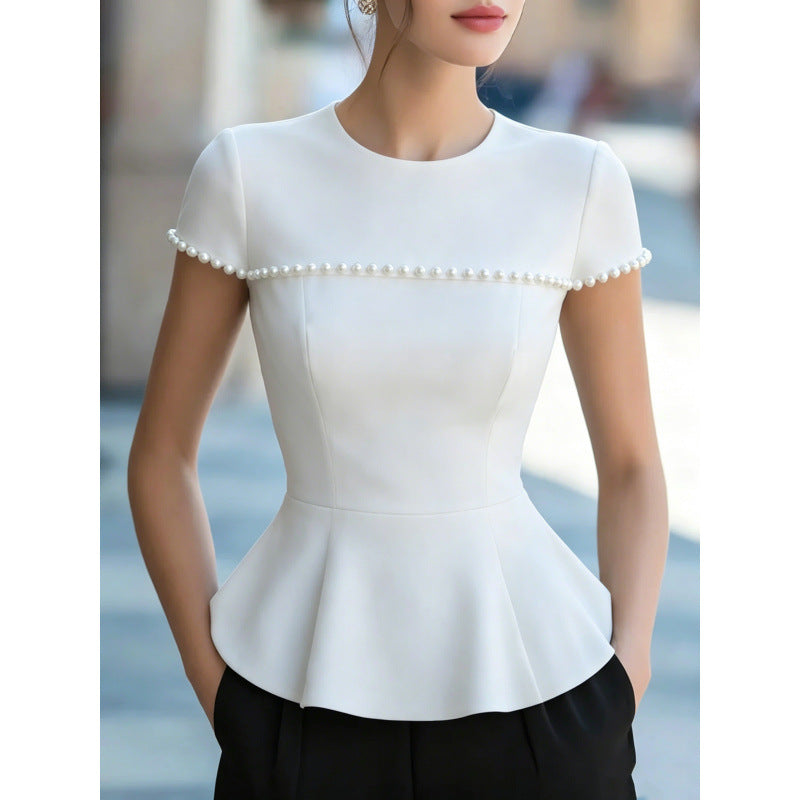 european and american style women's summer new arrival: round neck beaded short sleeve top