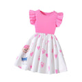 Summer girls' pink flutter sleeve dress with heart print, cartoon bear, cute kids' fashion a-line skirt for export