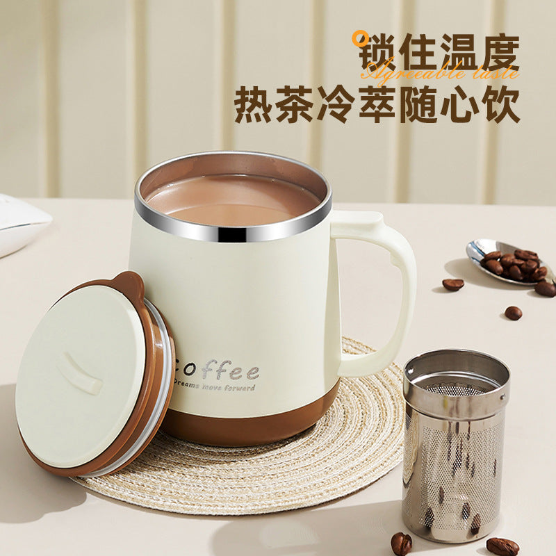 304 stainless steel mug with lid, creative logo design, high-value aesthetic, includes tea infuser, office coffee cup, wholesale gift option