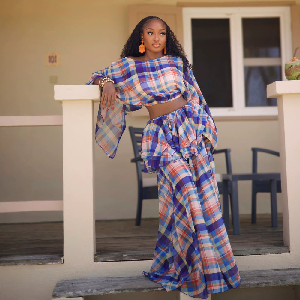 European and american cross-border women's clothing  summer new fashion retro print plaid shirt ruffle hem skirt set