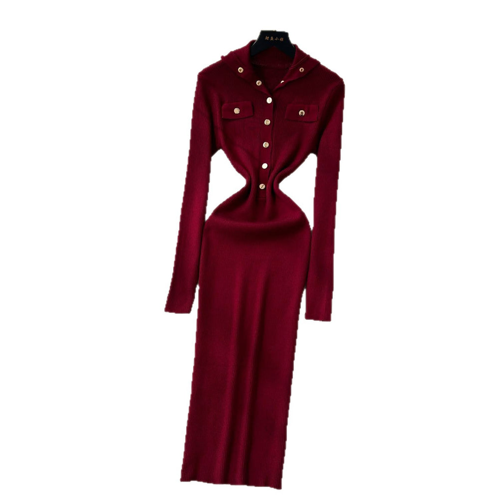 Elegant and chic metallic buckle collar long sleeve dress - women's slim-fit knit maxi dress for autumn