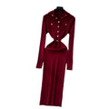 Elegant and chic metallic buckle collar long sleeve dress - women's slim-fit knit maxi dress for autumn