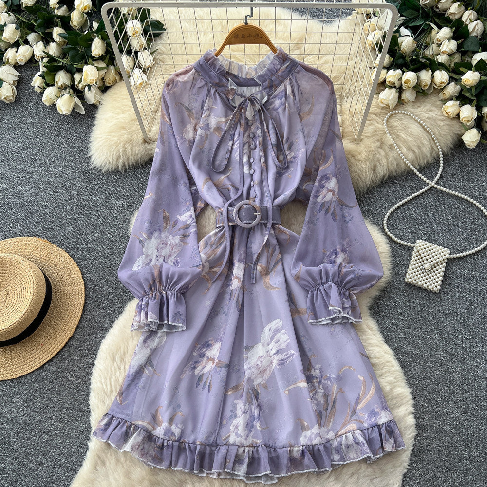 French print midi dress - women's summer long sleeve slim fit a-line dress - workwear, elegant, vacation style