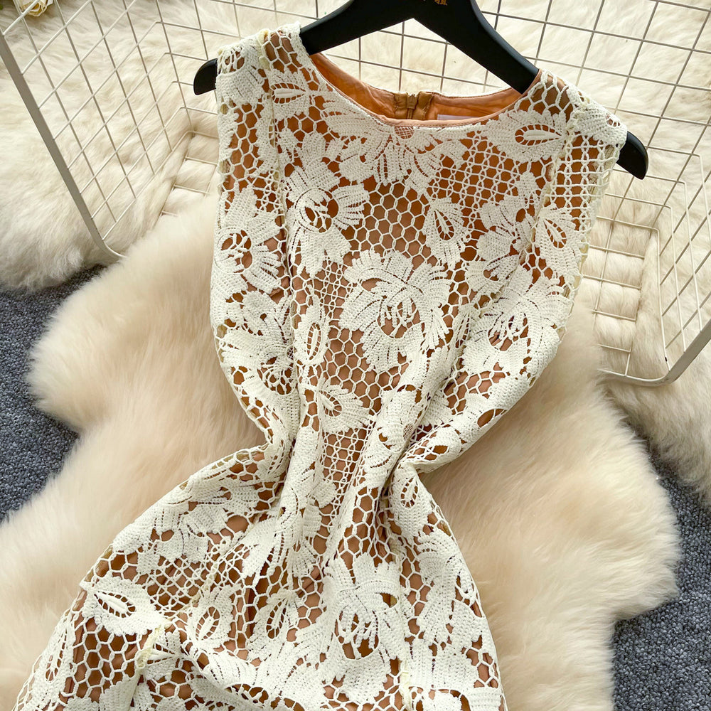 French romantic style heavy lace cutout dress - women's summer sleeveless high waist a-line slimming elegant maxi dress