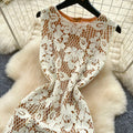 French romantic style heavy lace cutout dress - women's summer sleeveless high waist a-line slimming elegant maxi dress
