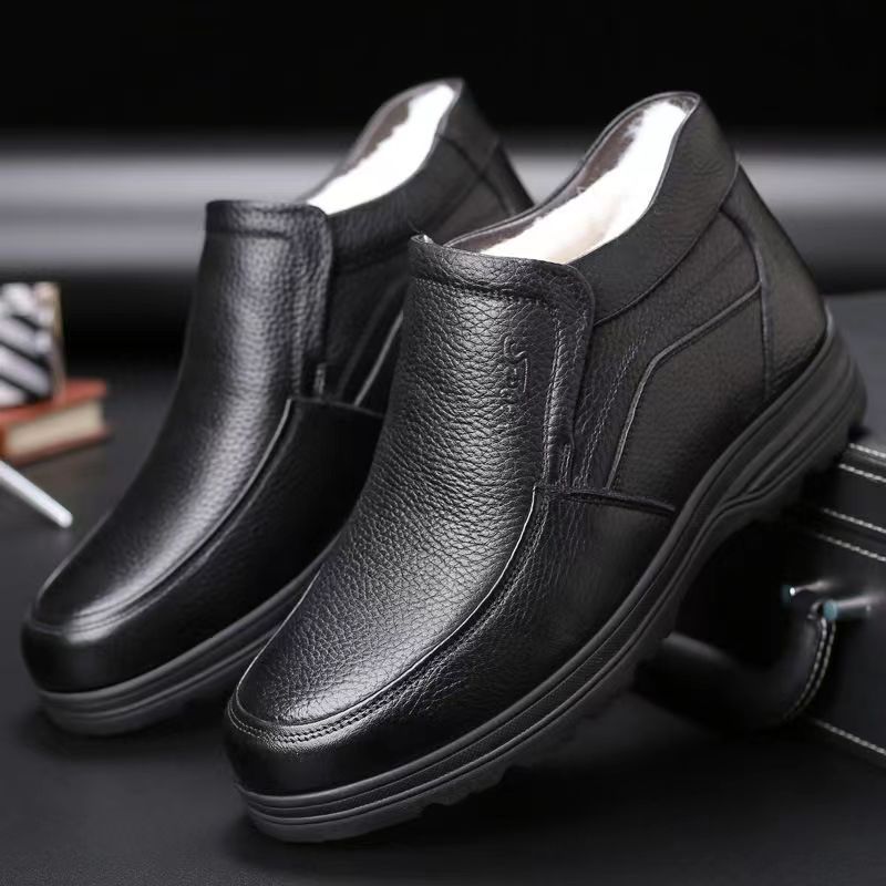 Men's winter warm cotton shoes - fleece lined, non-slip, casual high-top cotton shoes for men, elderly cotton shoes, men's leather cotton shoes for seniors