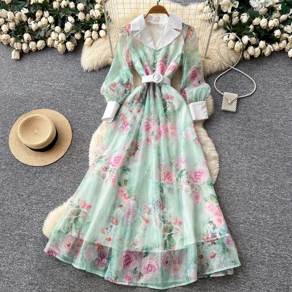 French romantic v-neck lantern sleeve printed dress - women's slim-fit, waist-defining, a-line maxi dress