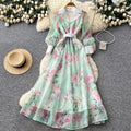 French romantic v-neck lantern sleeve printed dress - women's slim-fit, waist-defining, a-line maxi dress