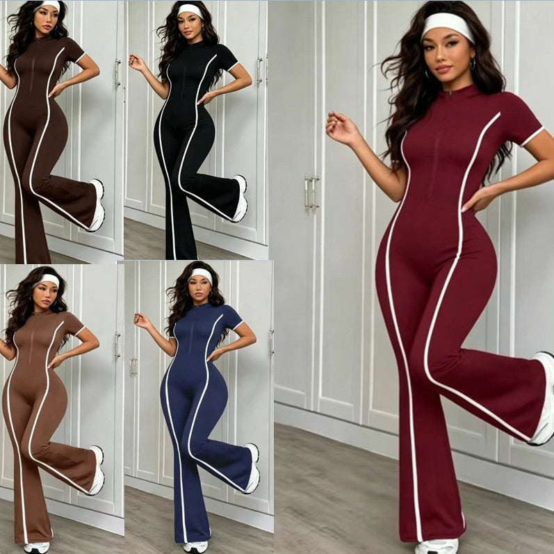 color block peach lift yoga outfit - quick-dry bodysuit, gym elastic casual activewear, flare leggings