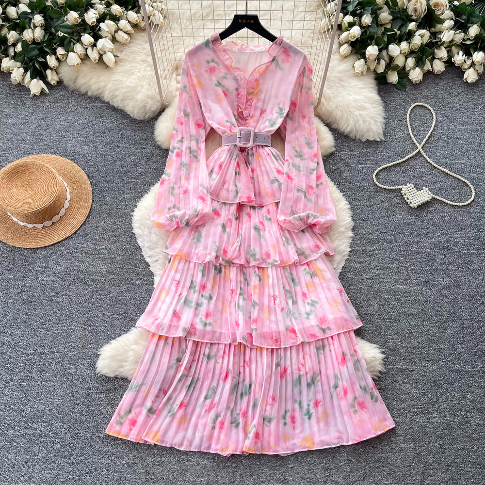 French romantic style printed long sleeve dress - women's spring slimming ruffle pleated tiered cake dress - elegant