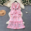 French romantic style printed long sleeve dress - women's spring slimming ruffle pleated tiered cake dress - elegant