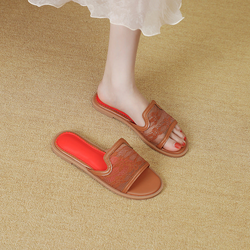 Summernew arrival mesh round toe one-line flatsoutwear sandals cross-border plus size slippers for women