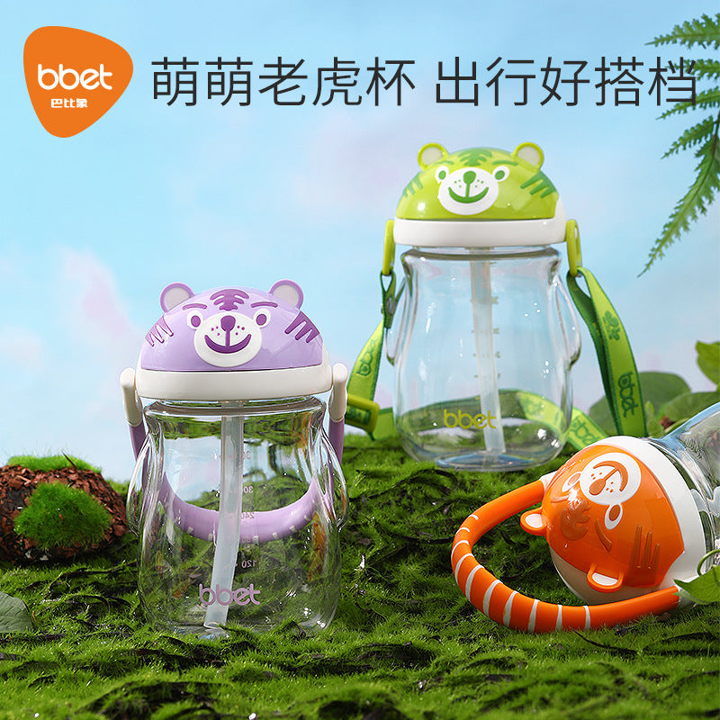 Tritan plastic baby straw cup large capacity kids water bottle cute tiger water bottle big belly cup wholesale