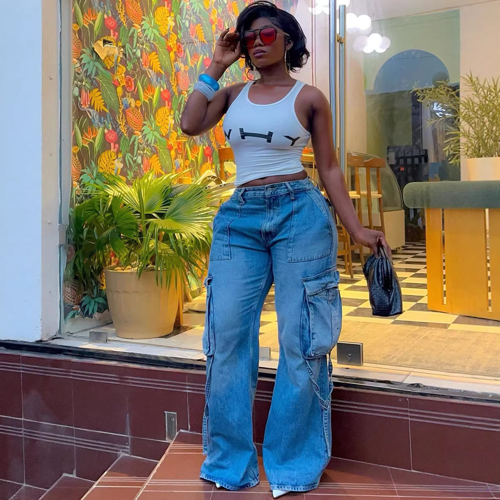 European and american style high-waisted jeans -  cross-border women's fashion, multi-pocket design, straight-leg cargo pants