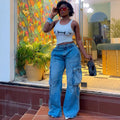 European and american style high-waisted jeans -  cross-border women's fashion, multi-pocket design, straight-leg cargo pants