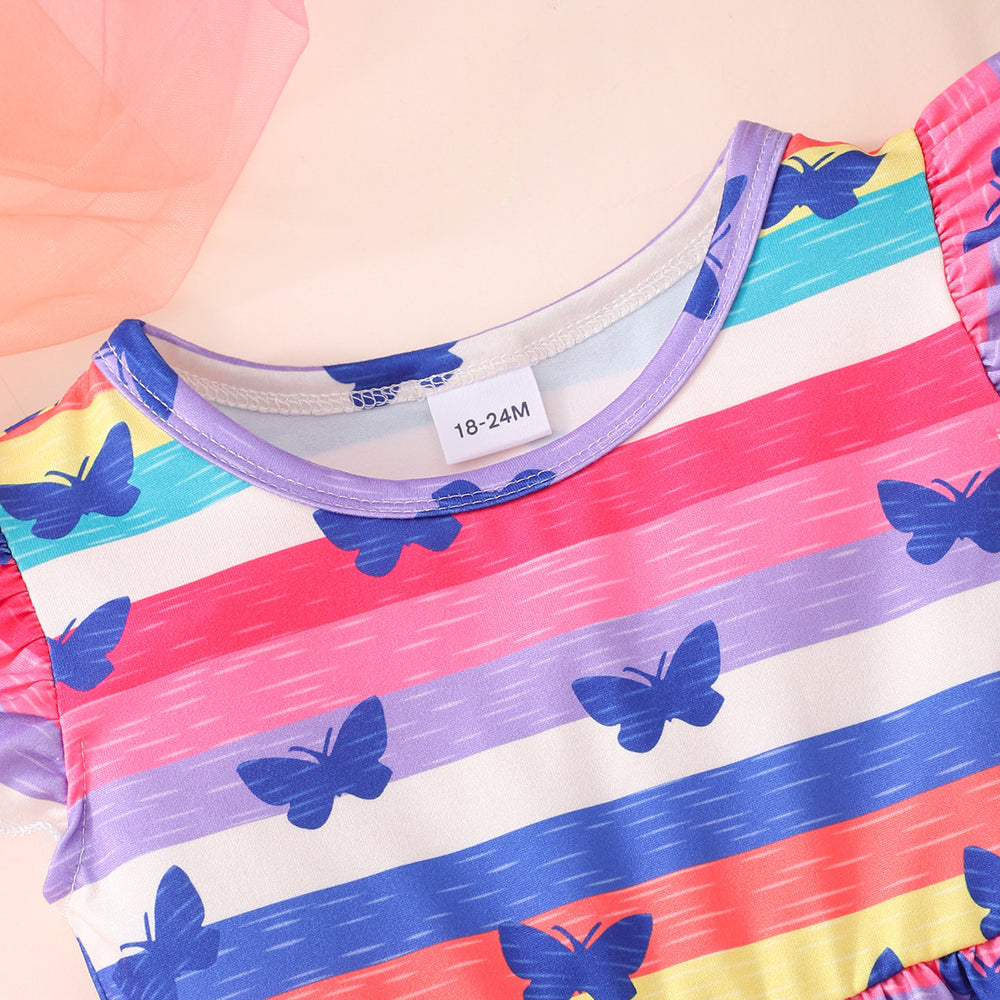 Kids' flutter sleeve dinosaur tie-dye butterfly rainbow a-line dress