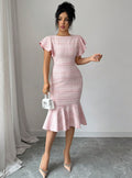 new arrival tweed style dark gray tweed short sleeve dress round neck contrast color button fishtail skirt short skirt