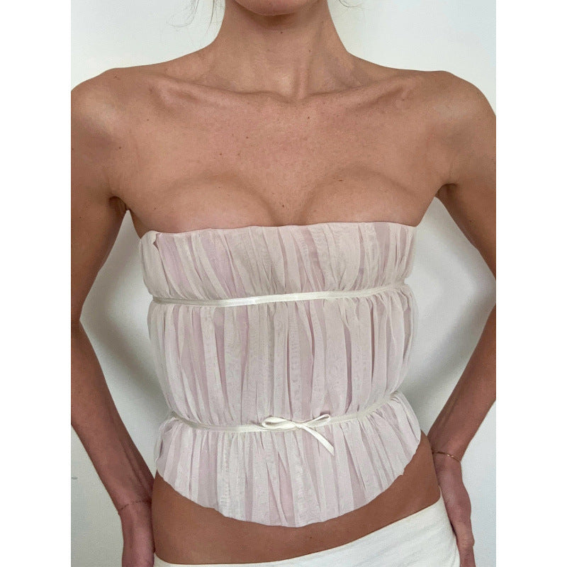 Amazon women's clothing  summer new arrival: off-the-shoulder bandeau ruched tie-waist sleeveless cropped tank top