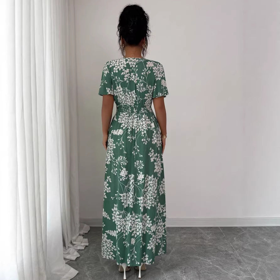 new cross-border french print v-neck summer women's dress