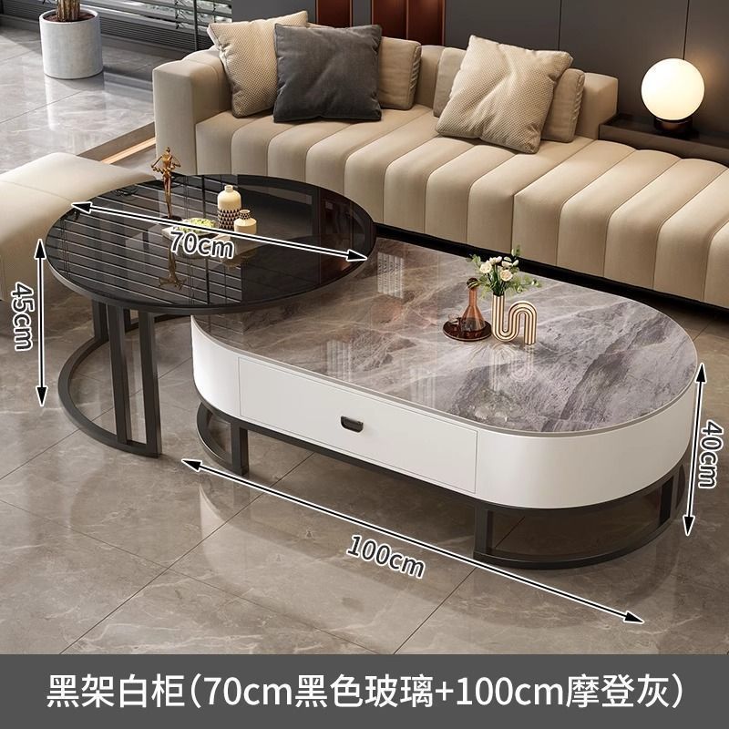 Italian light luxury oval glass coffee table living room home tea table high-end marble combination coffee table set