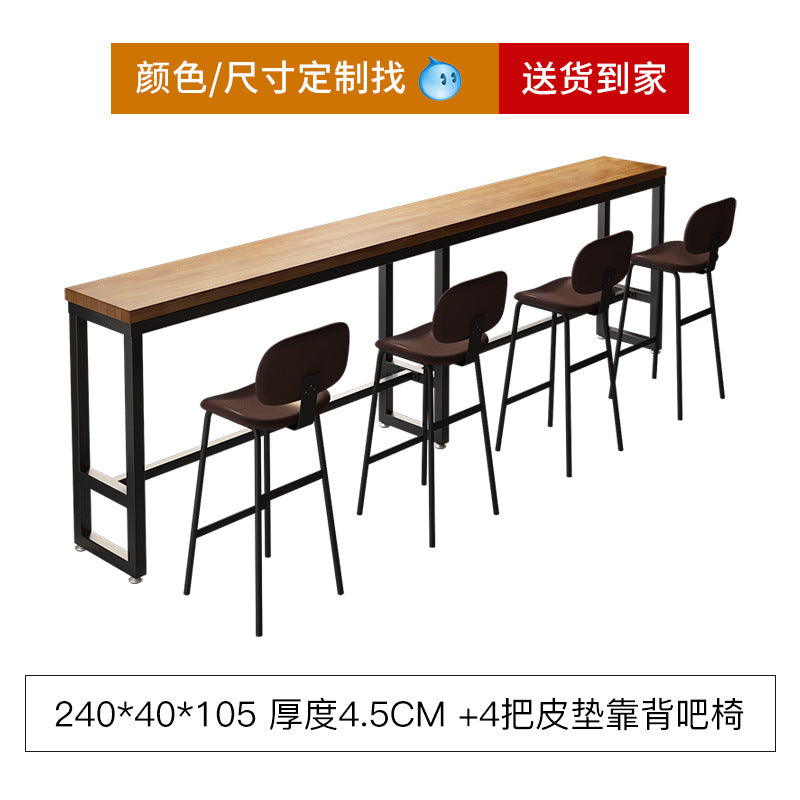 Bar table and chair combination Industrial style wrought iron solid wood bar High foot milk tea shop Cake shop Narrow table against the wall
