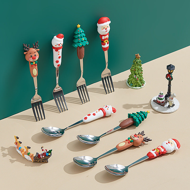 Wholesale christmas high-value stainless steel dessert spoons - cute cartoon creative coffee stirrers - gift tableware set