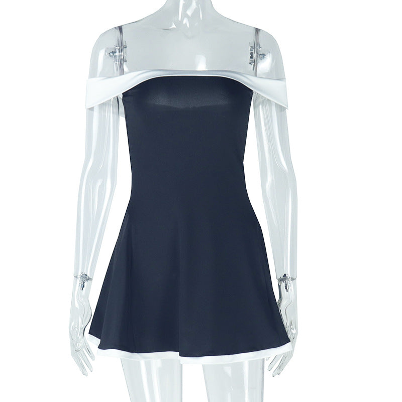 European and american style cross-border women's clothing: black and white color block, fresh backless high-waisted mini dress with off-the-shoulder raglan sleeves - wholesale