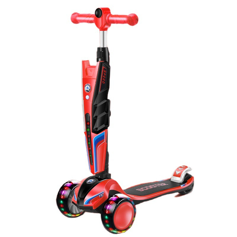 Children's four-wheel flash scooter, adjustable height 2-6 years old children's toy scooter one-click folding car