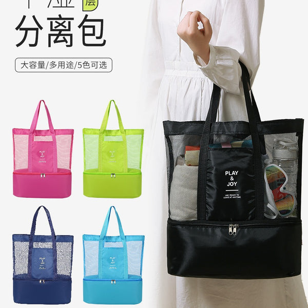 Large capacity mesh shoulder bag empty toilet bag fitness bag beach outdoor shoulder thermal insulation bag double picnic bag