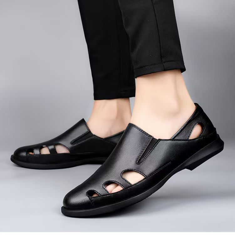 Special big salenew arrivalmen leather sandals summer breathable leather shoes middle-aged and elderly soft bottom dad hole shoes cut out