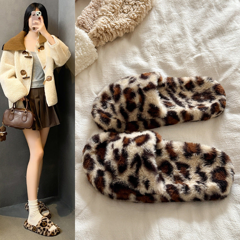 Trendy fuzzy slippers for women - winter fashion leopard print, home & outdoor wear, non-slip soft sole, plush warm one-strap cotton slippers