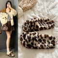 Trendy fuzzy slippers for women - winter fashion leopard print, home & outdoor wear, non-slip soft sole, plush warm one-strap cotton slippers