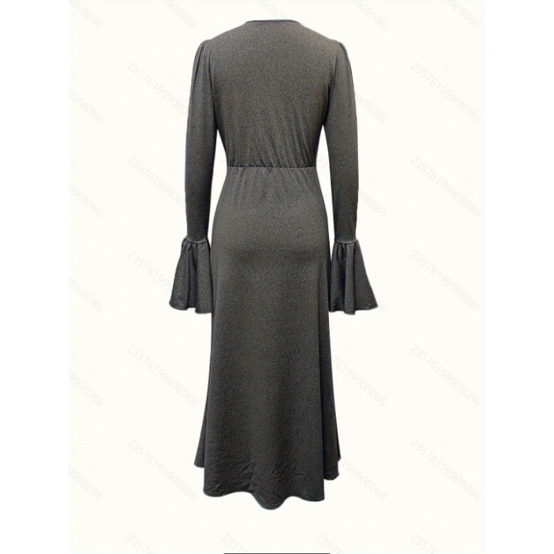Women's spring/autumn fashionable and elegant ruffle-trimmed neckline, cinched waist, long-sleeved midi dress (belt not included)