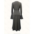 Women's spring/autumn fashionable and elegant ruffle-trimmed neckline, cinched waist, long-sleeved midi dress (belt not included)