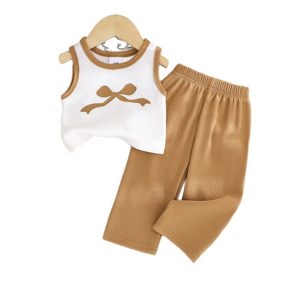 Kids clothing cross-border exclusive for european and american girls new arrival children's white vest and brown pants two-piece set