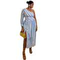 European and american cross-border women's fashion:  autumn new arrivals - sexy and chic blue striped one-shoulder slit irregular dress