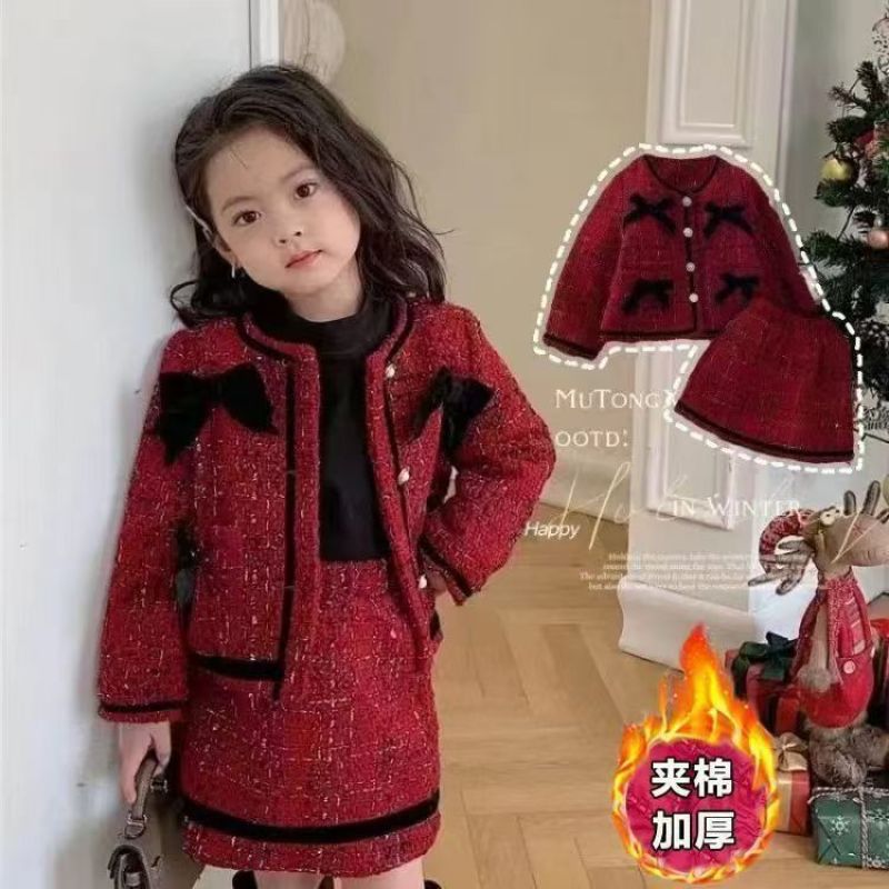 Girl red tweed style skirt suit skirt style woolenoutwearfall and winterfashionable quilted two-piece set baby