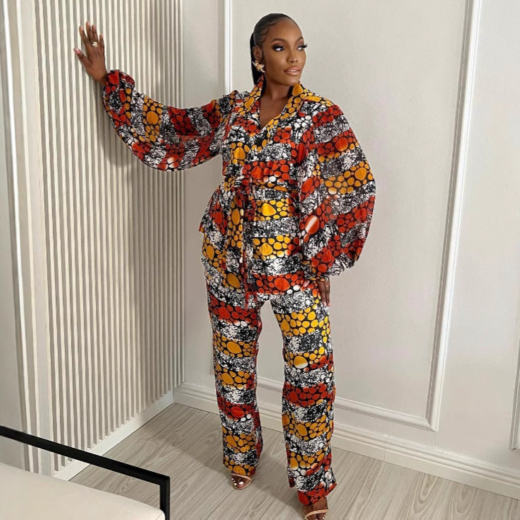 European and American large-size women's clothing printed long-sleeved cardigan shirt loose foreign style fashion high waist thin trousers two-piece set women
