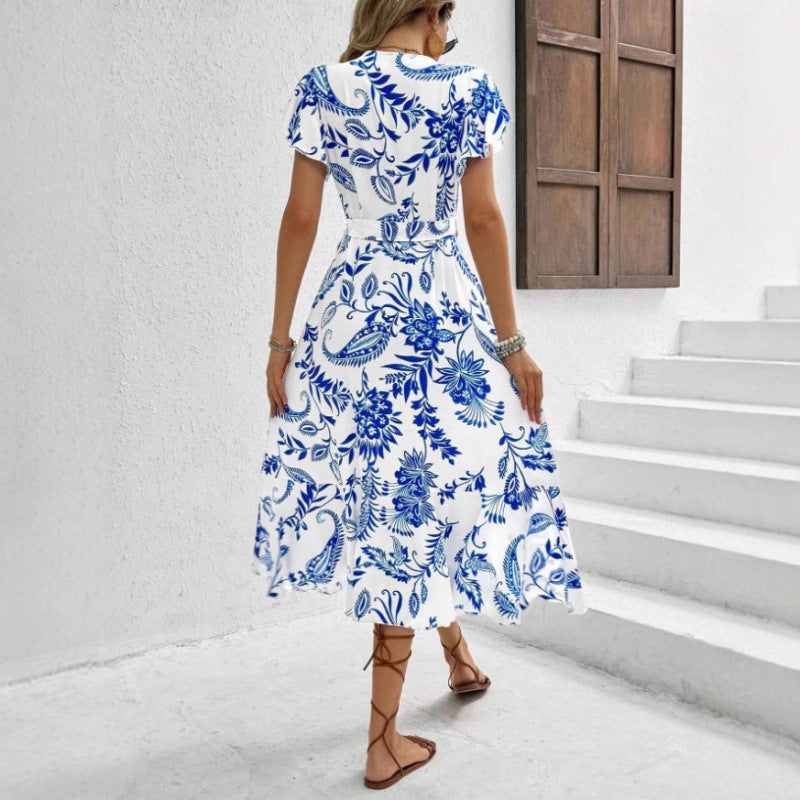 cross-border e-commerce  hot-selling european and american women's apparel: printed ruffle-trimmed short-sleeve elegant dress