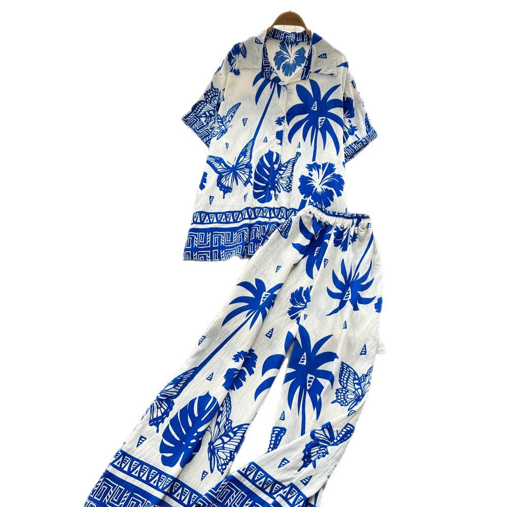 Bohemian style printed short-sleeve polo shirt + elastic waist wide-leg slimming straight-leg pants power suit