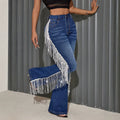 European and american style women's high-waisted frayed hem distressed light blue washed stretch flare jeans