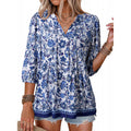 summer bohemian floral short sleeve button-down v-neck ruffle trim babydoll casual loose shirt