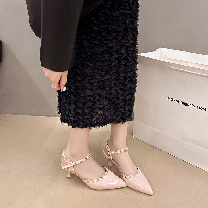 Summer women's new casualfashion style belt heeled sandals 2025 cut out studded women's pointed toe year high heels one word